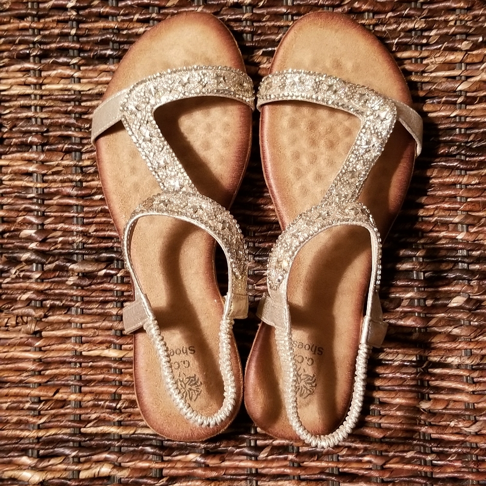 NWOT. Gold Metallic Beaded Sandals.